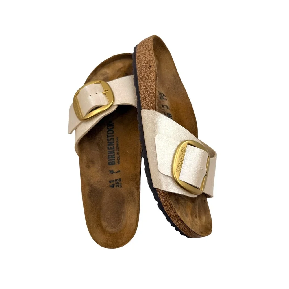 Birkenstock Madrid Big Buckle Pearl White Gold Leather Slide Sandals EU 41 US 10
